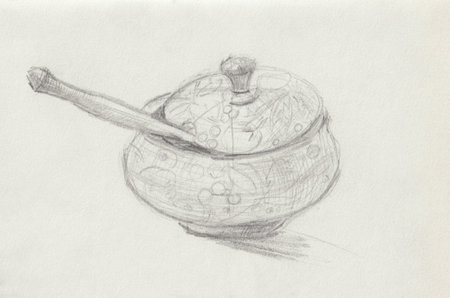 Pencil drawing dishes. A quick sketch from nature of a sugar bowl with a spoon in a simple pencil on paper. Student drawing at school. The concept of art education, creativity. Working with linesの写真素材