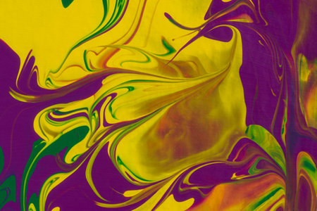 Yellow green purple fluid art, abstract creative trend background. Dynamic lines, movement, burst of emotions, passion, freedom. Form of presentation of websites, booklets, leaflets, business cardsの写真素材