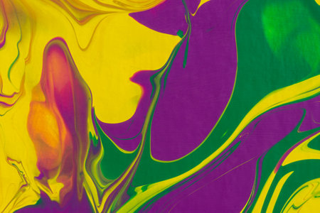 Yellow green purple fluid art, abstract creative trend background. Dynamic lines, movement, burst of emotions, passion, freedom. Form of presentation of websites, booklets, leaflets, business cardsの写真素材