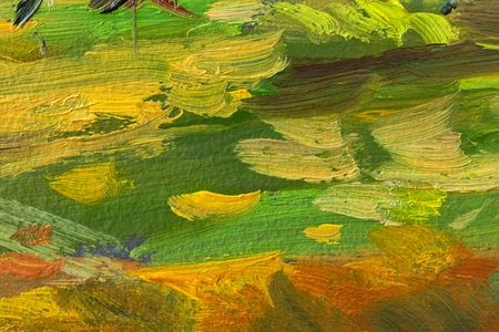 Yellow-green abstract background painting. Bright multicolored oil paint strokes on the canvas. A fragment of a picture of the forest. Juicy artistic spring background. Mixing colors summer textureの写真素材
