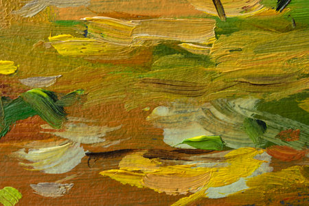 Yellow-green abstract background painting. Bright multicolored oil paint strokes on the canvas. A fragment of a picture of the forest. Juicy artistic spring background. Mixing colors summer textureの写真素材