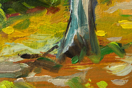 Yellow-green abstract background painting. Bright multicolored oil paint strokes on the canvas. A fragment of a picture of the forest. Juicy artistic spring background. Mixing colors summer textureの写真素材