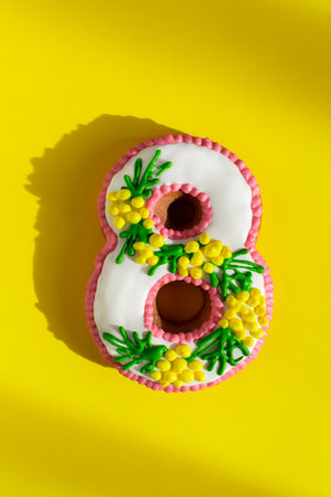 March 8 cake on a colorful fashionable neon yellow background. Sweet gift dessert for Women's Day, Birthday, anniversary. Spring colorful design in natural sunlight. creative greeting card. top viewの写真素材