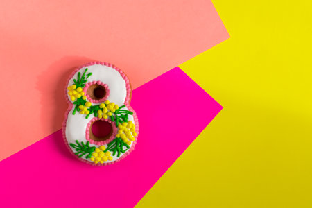 March 8 cake on a colorful fashionable neon background. Sweet gift dessert for Women's Day, Birthday, anniversary. Spring colorful design in natural sunlight. creative greeting card. top viewの写真素材