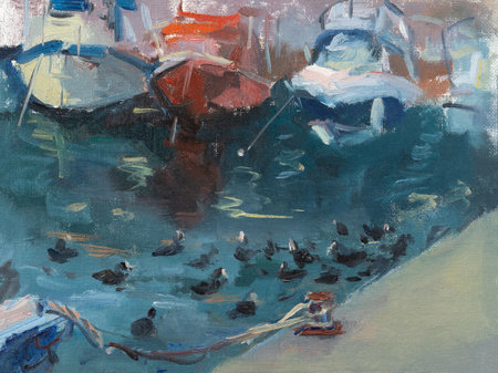 Duck boats oil painting. Beautiful author's painting sketch from nature. A conceptual boat station. A bright modern landscape in oil. Atmospheric oil illustration on canvas. Summer travel, vacationsの写真素材