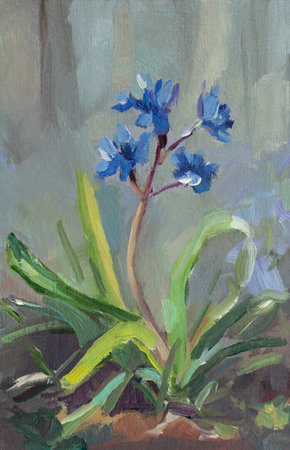 Snowdrop blue flower oil painting. Beautiful illustration of blooming flowers in the forest. The first spring flowers. Handmade author's postcard. A work of art. Layout for design, posters, notebooksの写真素材