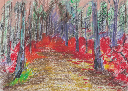 Forest oil pastel drawing. A quick sketch by hand. The study of soft graphic materials of the artist. Preschool education, the concept of learning. Illustration of a red scumpia in a pine forestの写真素材