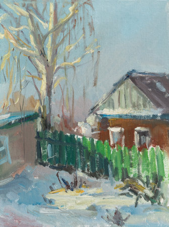 Winter village oil painting. Painting on canvas with oil paints. A sketch from nature in the plein air. Bright rural winter landscape. Modern art of painting. The concept of a cozy village lifeの写真素材