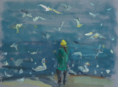 Beach sea birds painting girl. A quick sketch with oil paints on cardboard in the plein air. City beach with seagulls, swans. The author's original oil painting. The concept of travel, sea resorts.の写真素材