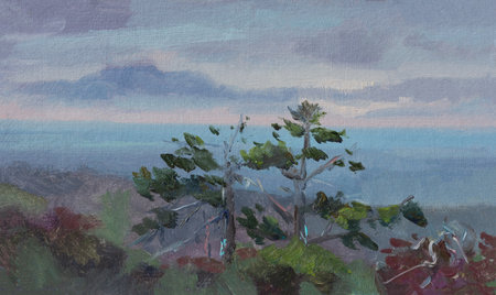 Pine trees oil painting. Silhouettes of trees at sunset. Colorful mysterious atmospheric landscape. A pictorial postcard. The modern art of realism. A quick sketch from nature. Beautiful natureの写真素材