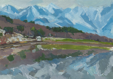 Lake mountains reflection gouache painting. Beautiful realistic drawing. A bright landscape with snow-capped mountains and forest. The concept of creativity freedom travel. Handmade author's postcardの写真素材