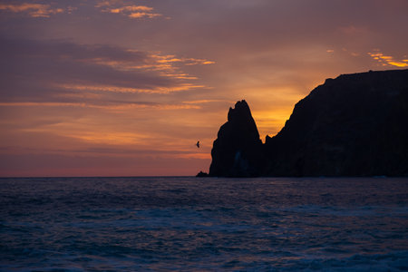 Sea mountains sunset. The silhouette of a mountain and seagulls in the rays of a red-orange sunset. Atmospheric dramatic landscape. A magical fabulous mesmerizing view. The concept of sea walks travelの写真素材