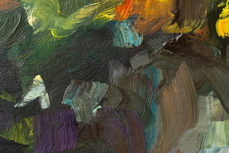 Abstract background autumn painting. Orange brown yellow beige mixed colors of oil paint. A fragment of an artwork in different shades of autumn shades. Modern handmade design with a brush on canvasの写真素材