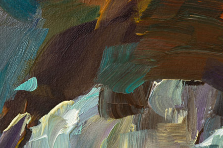 Abstract background autumn painting. Orange brown yellow beige mixed colors of oil paint. A fragment of an artwork in different shades of autumn shades. Modern handmade design with a brush on canvasの写真素材