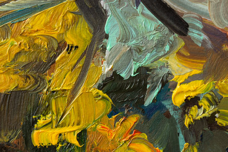 Abstract background autumn painting. Orange brown yellow beige mixed colors of oil paint. A fragment of an artwork in different shades of autumn shades. Modern handmade design with a brush on canvasの写真素材