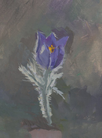 Dream-grass gouache painting. Spring purple fluffy flower illustration with paints. vertical postcard. Mockup for design. The author's original painting. Modern painting pastel shades. Spring conceptの写真素材