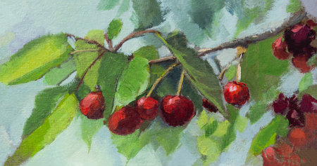 Cherry ripe oil painting. The original author's postcard. The concept of summer, fruit and berry ripening. Horizontal art banner. Beautiful realistic oil painting. Bright scarlet cherries on a branch.の写真素材