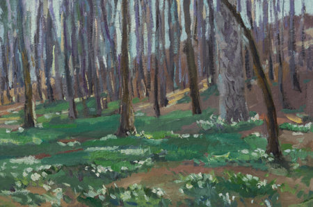Forest snowdrops oil painting. A beautiful spring landscape painted from nature en plein air. Spring Easter background. The author's handmade postcard. The first flowers bloomed in the forestの写真素材