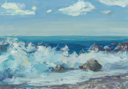Sea and beach views. Gouache drawing of a deserted summer beach with a bunch of stones. Beautiful bright turquoise sea. The concept of travel, vacation, relaxation. Summer holidays. Contemporary art.の写真素材
