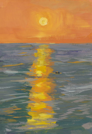 Sunset sea. Colorful painted illustration. The author's gouache painting. Evening atmospheric background for the design. Layout for creative design of postcards, notebooks. Summer vacation conceptの写真素材