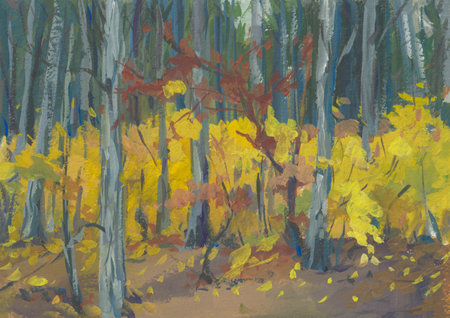 Autumn landscape gouache painting. Mixed dense autumn forest. Autumn colorful leaf fall. An original painting, a layout for a greeting card. Illustration of golden autumn. Natural artistic backgroundの写真素材