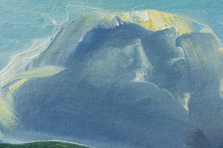 Blue gray background oil paint. Beautiful brush strokes close-up. Textured abstract winter background. Oil painting fragment macro. Conceptual abstract sky, water, snow. Layout for postcard designの写真素材
