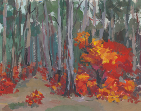 Autumn forest gouache painting. Red scumpia grows in a pine forest. Artistic autumn background. Layout for the design of postcards, notebooks, books. An authentic work of painting. Contemporary artの写真素材
