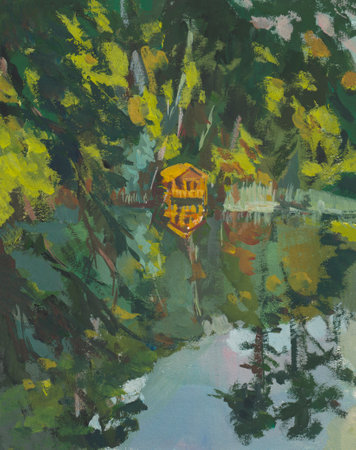House forest gouache painting. Authentic atmospheric artistic background. Bright forest color. Layout for graphic design. A forest lake with reflections of trees. A fairy-tale house in the forestの写真素材
