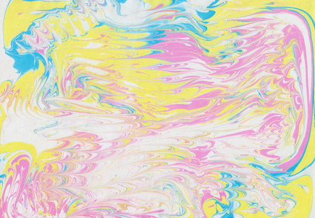 Yellow-pink blue fluid art. Abstract modern neon background. Gentle iridescence. Background for the design of printing notebooks book covers. Modern fashionable art background. Beautiful paint linesの写真素材