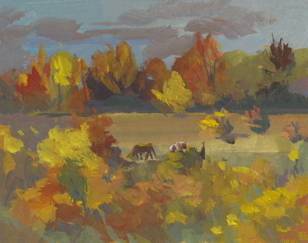 Autumn forest glade gouache painting. Beautiful landscape of golden autumn. Animals graze in a clearing among the trees. The concept of warm days. Layout for the design of printing, websites, albumsの写真素材
