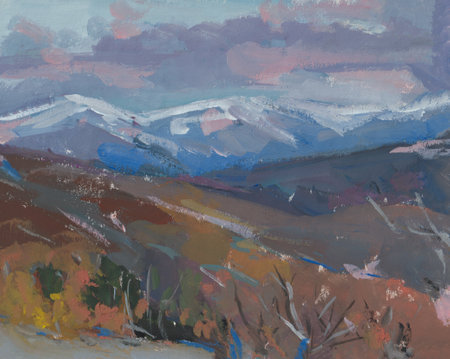 Mountains autumn snow gouache painting. Snow-capped blue mountain peaks against a background of red-brown forest in late autumn. Modern gouache painting. Realistic art. Illustration, quick sketchの写真素材