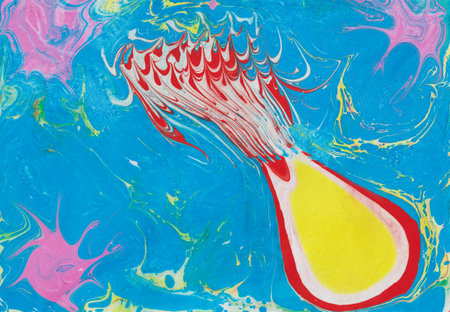 Abstract sea jellyfish acrylic illustration. Bright blue, yellow, pink paint spots. Contemporary art. A game of imagination, authentic stylization. Layout for creativity, notebooks, graphic designの写真素材