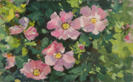 Rosehip pink oil painting. Colorful floral illustration. Author's painting by hand. Bright pink flowers in the garden. Modern art, realism. Horizontal postcard for Mother's Day. Layout for designの写真素材