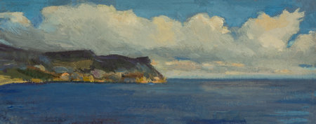 Sea mountain oil painting. An original sketch from nature. Sunset light on turquoise water. Evening seascape. Multicolored brushstrokes, impressionism. Artistic background for design. Contemporary artの写真素材