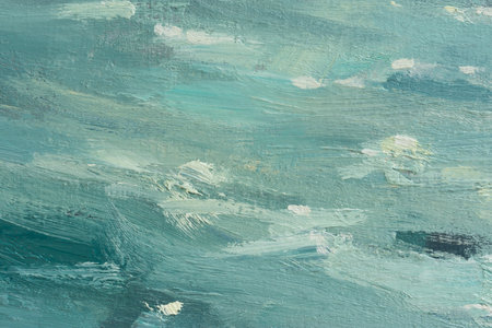 Abstract oil painting blue turquoise sea. Summer art background. Natural light blue wave texture. Impressionism in painting. A sea sketch, a fragment of a painting. Macro texture . Contemporary artの写真素材