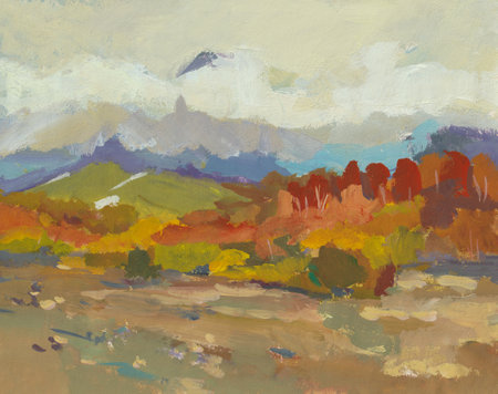 Mountains autumn snow gouache painting. Snow-capped blue mountain peaks against a background of red-brown forest in late autumn. Modern gouache painting. Realistic art. Illustration, quick sketchの写真素材
