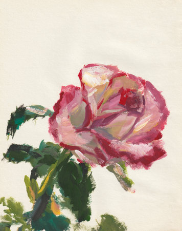 Rose gouache painting. Pink delicate roses close-up on paper. Beautiful vertical postcard. Layout for graphic design. Contemporary art. Author's handmade. Roses as a gift. Flower on a white backgroundの写真素材