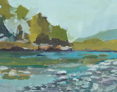 River bank reflections gouache painting. Beautiful abstract summer landscape with water. Handmade author's work from nature. Natural artistic background for the design of postcards websites notebooksの写真素材