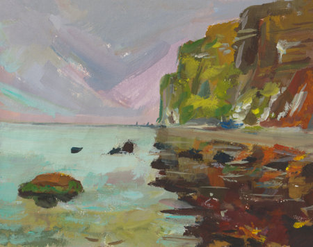 River bank reflections gouache painting. Beautiful abstract summer landscape with water. Handmade author's work from nature. Natural artistic background for the design of postcards websites notebooksの写真素材
