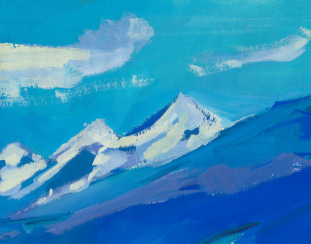 Mountains snow gouache painting. Minimalistic winter landscape. Blue mountain peaks covered with snow. Author's handmade. The modern art of realism. Abstract mystical landscape. Layout for designの写真素材