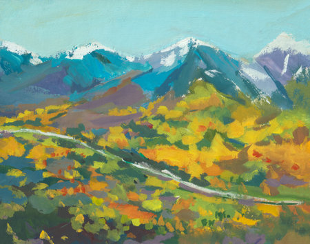 Autumn mountain road gouache painting. Abstract autumn landscape with a winding road through a colorful forest. Snow-capped mountains against a blue sky. Handmade, modern art of painting. Postcardの写真素材