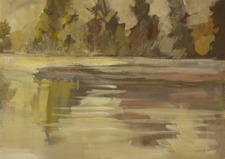 Abstract landscape of lakes gouache painting. reflections in the water of the autumn forest. Beige-ochre brown shades of paint. A quick authentic sketch. Beautiful autumn background for art design.の写真素材
