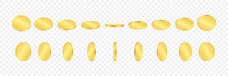 3d golden coins on a transparent background. Coins in different positions. Vector illustration.のイラスト素材
