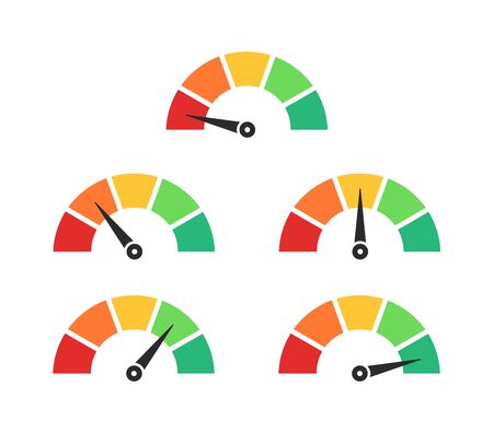 Speed metering icon. Speedometer with arrow. Set of low to high power levels. Vector rating.のイラスト素材