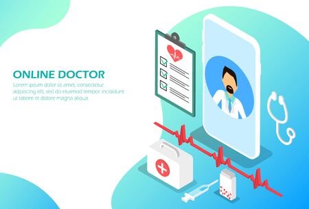 Online Doctor, Online isometric medicineのイラスト素材
