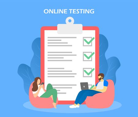 Online testing, Checklist and students with laptop.のイラスト素材