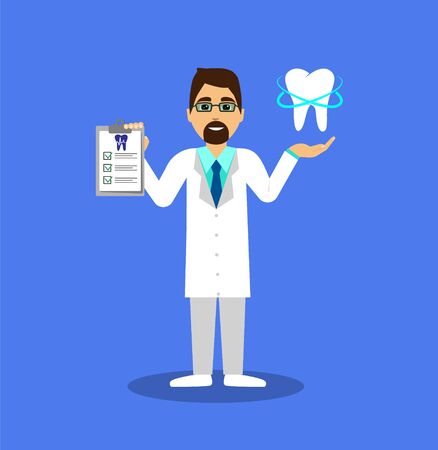 Dentist with a list and with a cured tooth.のイラスト素材