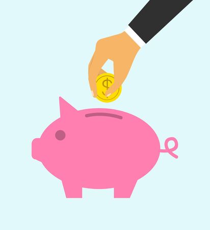 Piggy bank, Concept hand of a businessman throws a coin in a piggy bank.のイラスト素材