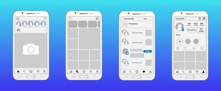 Social network in smartphone mockup, Home page, search and offer page, likes page, profile page.のイラスト素材