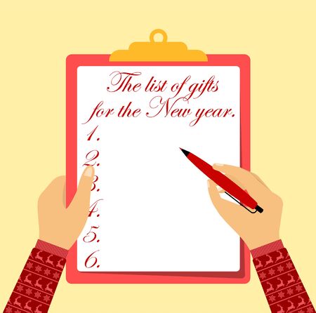 List of gifts for the New Year, Concept of hand with pen and hand holding a sheet of paperのイラスト素材